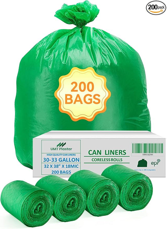 UMT Plastar 200 Count Compostable Trash Bags 30-33 Gallon, 32 x 38 Inch Biodegradable Garbage Bags 18 Micron, Green Eco Friendly Kitchen & Household Trash Bags