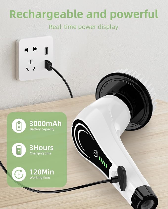 Electric Spin Scrubber, Cordless Power Scrubber with 8 Replaceable Brush Heads, 2-Speed Adjustable Handle, IPX7 Waterproof Shower Scrubber for Bathroom, Tile, Tub, Teens, White-qe1