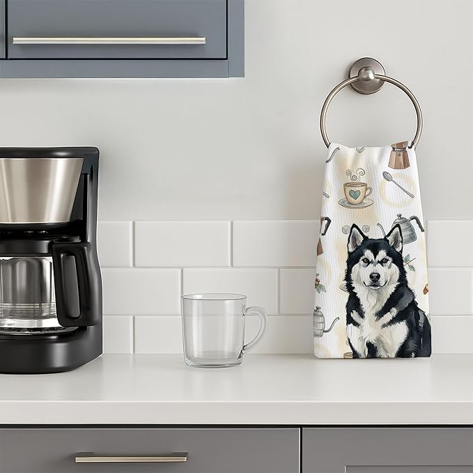 Caroline's Treasures Black and White Alaskan Malamute Coffee Bar Kitchen Towel Velour Plush Front and Cotton Loop Back Machine Washable
