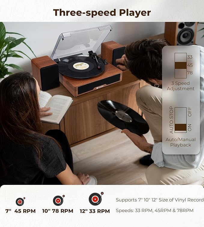 Vangoa Vinyl Record Player with Bookshelf Speakers Bluetooth Vintage Turntable for Vinyl Records Belt-Drive 3 Speed Portable LP Players Wooden Vinyl Players Auto Stop with Cleaning Kits, Brown