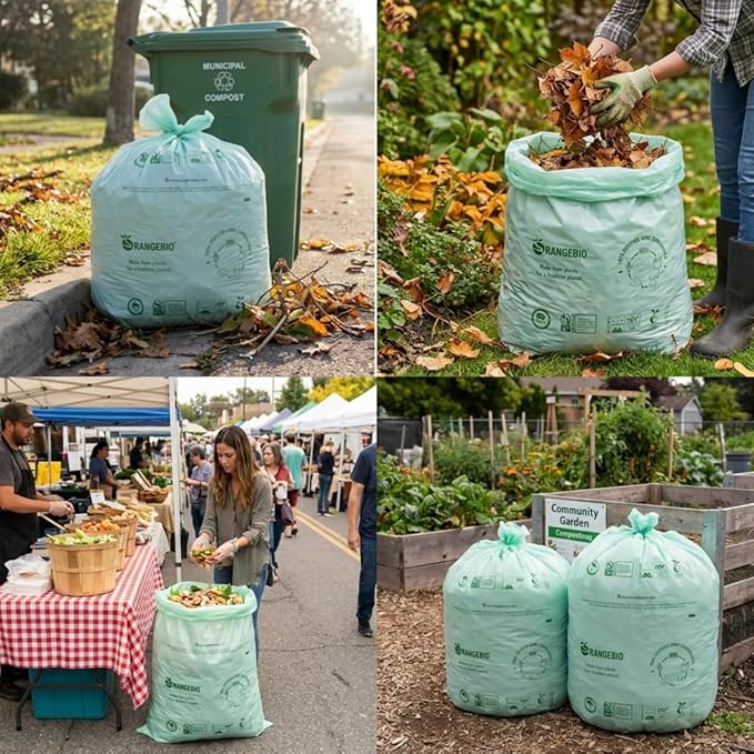 OrangeBio 55 Gallon Compostable Trash Bags, 60 Count, Heavy Duty Garbage Bags for Contractor, Yard Waste & Commercial Food Waste, Plant-Based, BPI ASTM D6400 & TÜV OK Compost Home Certified