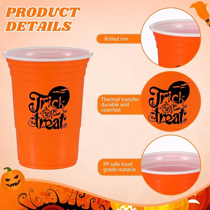 Lallisa 50 Pcs Halloween Plastic Cups 16 oz Disposable Halloween Party Cups Funny Pumpkin Ghost Skull Cat Drinking Tumbler Drinkware for Holiday Party Favors Supplies Family Dinner Decor