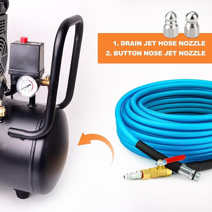 GASHER 33feet Home Dryer Vent Duct Cleaning Kit, 2 Jetter Nozzle, 1/4" NPT Ball Valve, 1/4" NPT Air Plug, 1/4"NPT Reducer Adapter