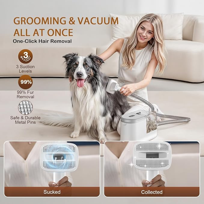 Dog Grooming Vacuum, Dog Grooming Kit, 3 Suction Modes Dog Brush Vacuum with 5 Pet Grooming Tools (Ivory)