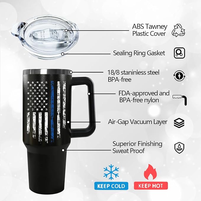 Ceovfoi 40 oz Tumbler with Handle lid and Straw, American Flag Blue Line Stainless Steel Dad Travel Tumbler Cup Mugs,Police Academy Graduation Gifts, Police Gifts for Men Dad