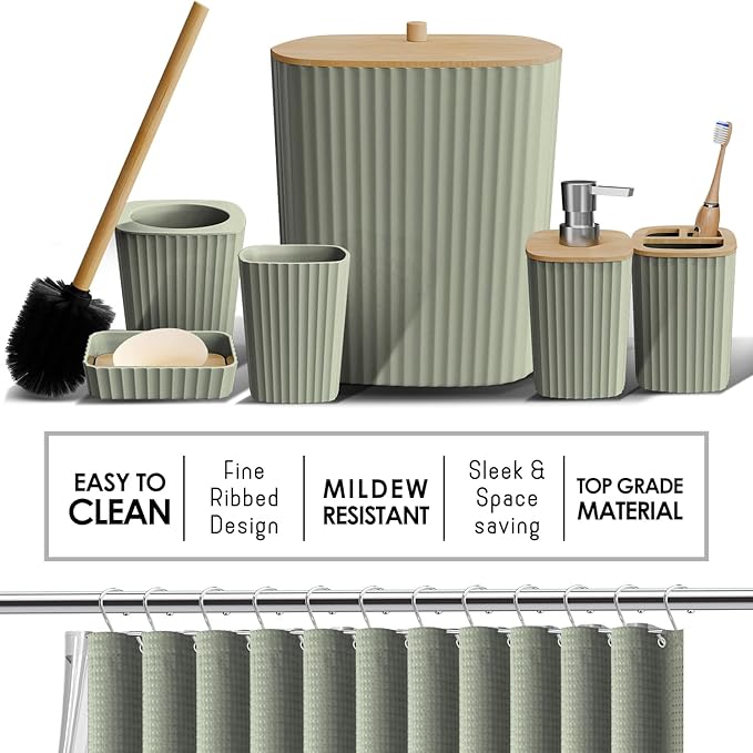 Clara Clark Bathroom Accessories Set - Bathroom Set, Bathroom Accessory Set, Shower Curtain Set, Toilet Brush, Trash Can & Soap Dispenser - Sage Green - 20PC