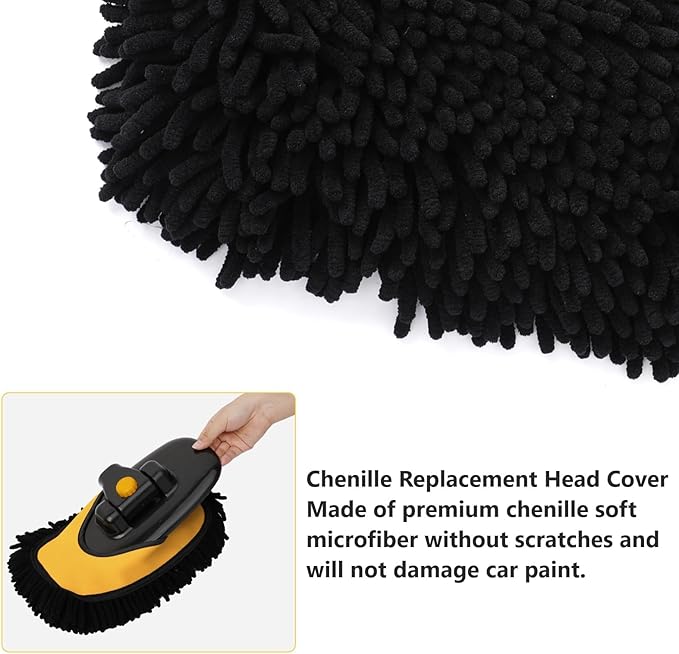 15° Curved Car Wash Brush with 43" Telescopic Handle – Microfiber Chenille Car Wash Mop for RV, SUV, Truck & Boat – Soft, Scratch-Free Extendable Cleaning Tool (Yellow&Black, Mop Refill Cover)
