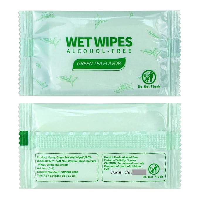 500 pcs Tea Wet Wipes Individually Wrapped, Disposable Skin Cleansing Wipes, Individual Wrapped, Safe, Convenient, Lightweight, Aloe Vera for Butt, Hands, Face Cleaning, Daily Use, Green Tea.