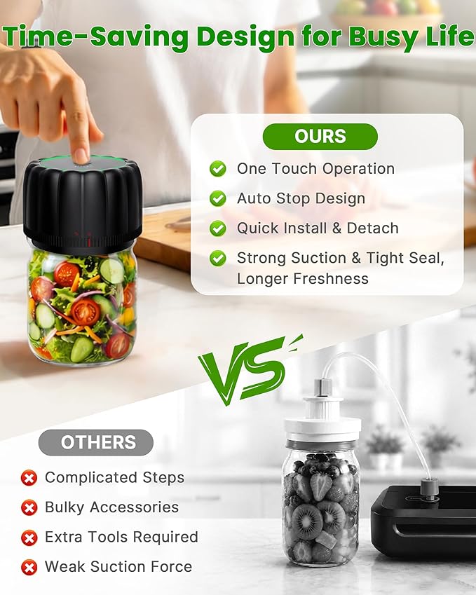 Electric Mason Jar Vacuum Sealer - Bunyta NEW Canning Vacuum Sealer Kit for Wide & Regular Mouth Mason Jars with 10 Lids, Auto-Stop Cordless Jar Sealer for Food Storage, Kitchen, Camping