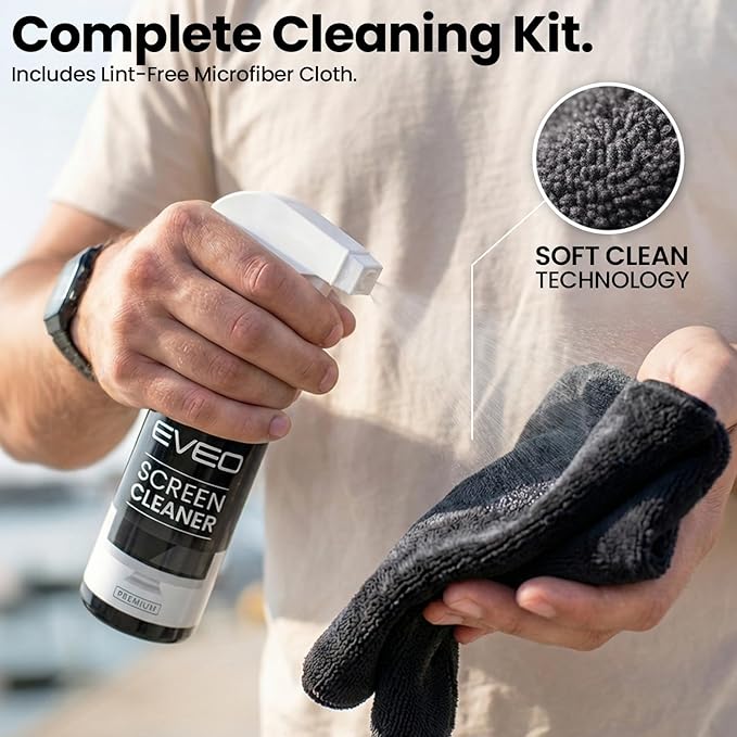 EVEO® Screen Cleaner Spray Kit (Streak-Free) TV Screen Cleaner for Smart TV, LCD, LED, OLED | Computer Screen Cleaner Spray and Wipe Microfiber Cloth - TV, Monitor, Laptop, iPad, Car - 6.7oz 2 Pack