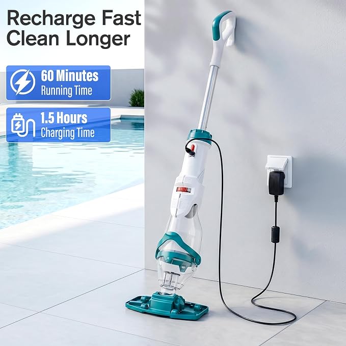 2026 Upgraded Cordless Pool Vacuum for Above Ground Pools, Dual Modes High-Flow/Strong-Suction, 1520GPH, 60 Mins Runtime, Handheld Pool Cleaner with Telescopic Pole, 3 Filter Bags