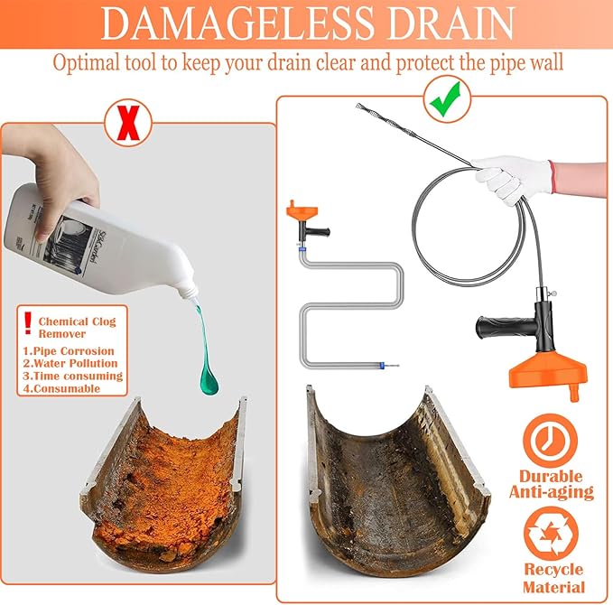 Drain Snake Auger, 33 Feet Plumbing Snake Drain Hair Clog Removal Tool, Sink Unclogger Drain, Heavy Duty Toilet Snake Auger, Cleaner Tool for Bathroom Kitchen Tub Shower Drain Clog Remover with Gloves
