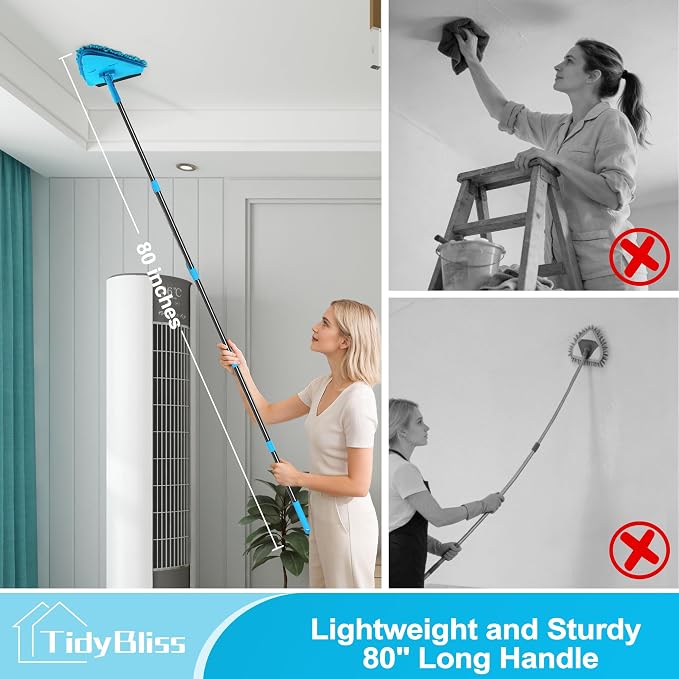 TidyBliss Wall Mop Cleaner with Long Handle 80”, Ceiling Duster Scrubber with 360° Swivel Collapsible Head, Baseboard Cleaning Tool with 4 Chenille and 2 Microfiber Pads for Windows Floor (Blue)