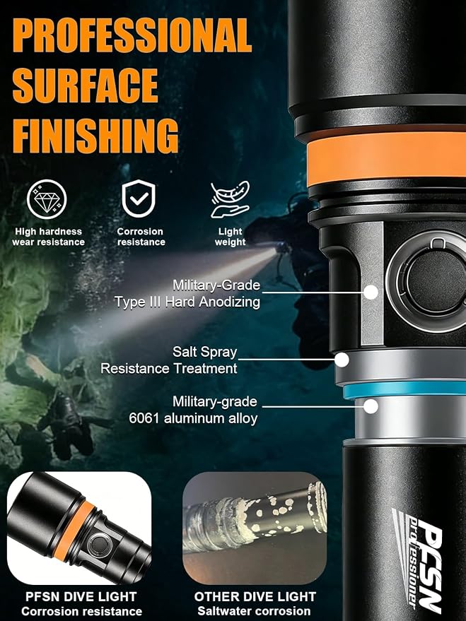 PFSN 3600 Lumens Dive Light, 150M Underwater Waterproof Diving Flashlight, 300M Long Range Beam, 20H Battery Life & Fast Charging, Rechargeable Scuba Dive Torch for Snorkeling Caving Spearfishing