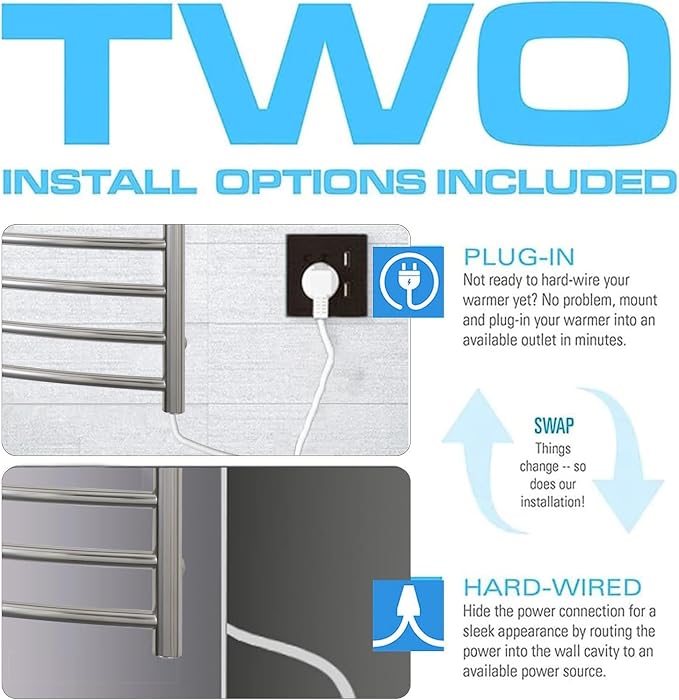 Luxury 8 Bars Towel Warmer Wall Mount Electric Plug-in/Hardwired Heated Towel Rack, Heated Towel Drying Rack with Timer & Temperature Multi-Level Adjustable (Mirror Polish Slivery, 8 Bars)