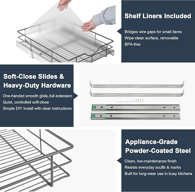 Pull Out Shelves - 20" W x 22" D Soft Close Pull Out Cabinet Organizer 1 Tier - Sliding Shelves with Shelf Liner - Heavy Duty Steel Wire Drawers for Kitchen Cabinets, Pantry, Bathroom