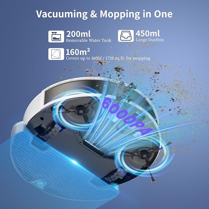 OKP Life Robot Vacuum L6 Aqua,LiDAR Navigation, 3.7 inch Super Thin, 6000Pa Powerful Suction,150 Mins,Quiet, Self-Charging Robotic Vacuum Cleaner, 2.4G&5G WiFi,Cleans Hard Floors to Carpets, White