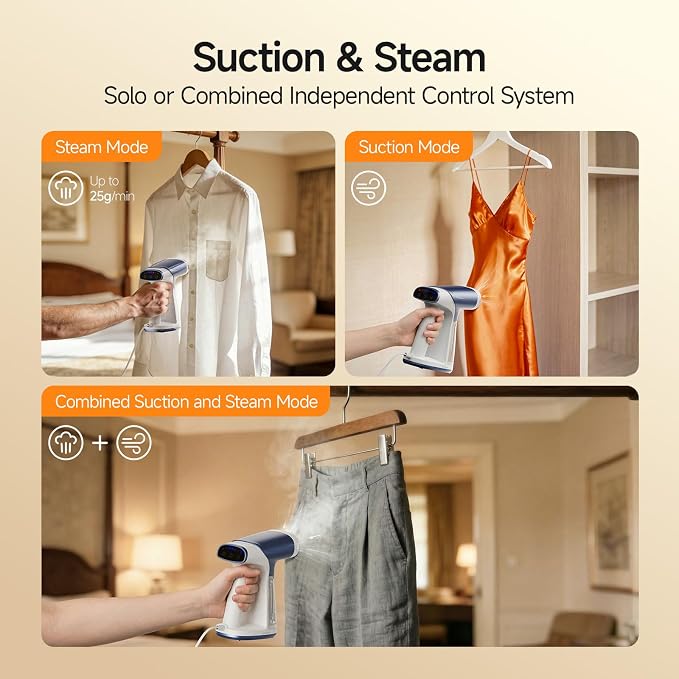 FEPPO Vacuum Steamer for Clothes, Handheld Garment Steamer with Suction, 2-in-1 Steam & Iron, LED Display, Adjustable Suction & Steam Modes, One-Hand Vacuum Steamer for Home (For 110-120V)