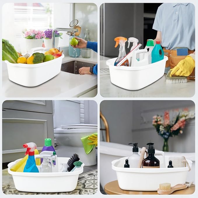 2 Pack Cleaning Supply Caddy with Handle, Portable Shower Caddy Organizer Plastic Basket with Handle, Stackable Tool Storage for Bathroom, Garden, Kitchen, Home Organization, White