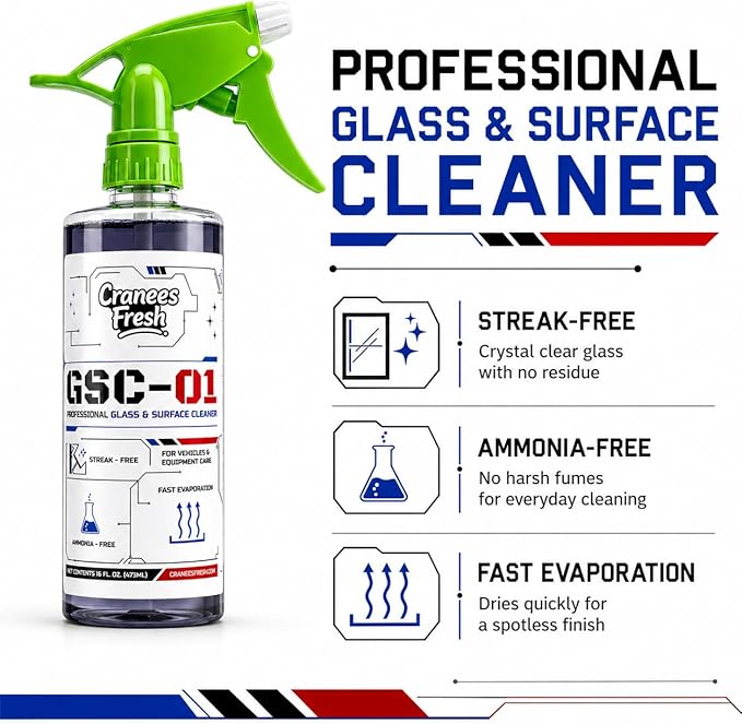 Glass & Surface Cleaner Spray, Streak-Free, Ammonia-Free, Tint Safe, Made in USA Car, Home, Shower Glass, Mirror & Multi-Surface Cleaner with Leak-Resistant Sprayer (16oz)