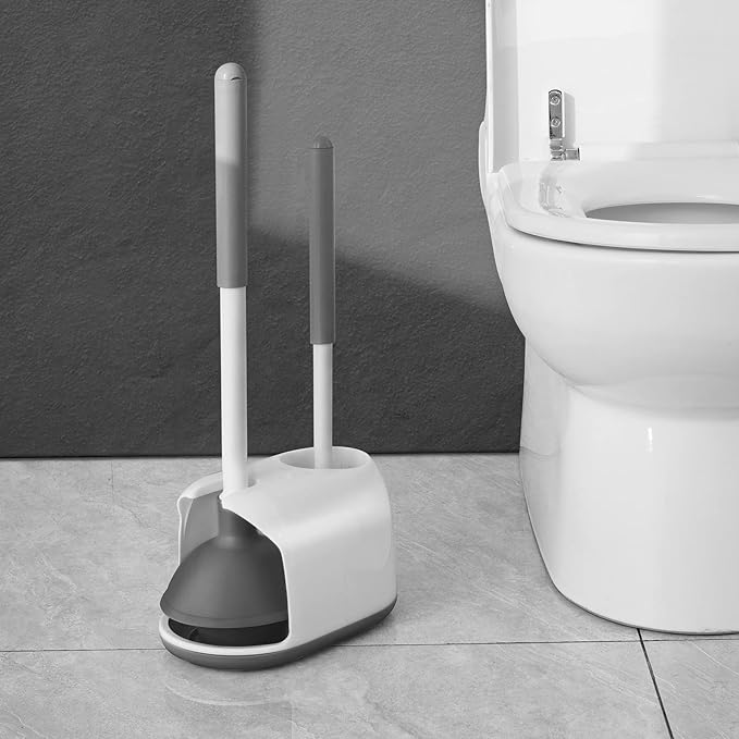 Eyliden Toilet Plunger and Brush Set, 2-in-1 Compact Holder | Unclogs Toilets, Deep Cleans Bowls, Nylon Bristles, Rubber Cup, Durable Plastic Caddy, Space-Saver, Bathroom Cleaning Tools