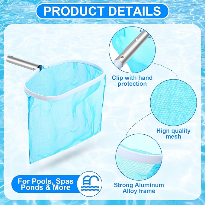 Tioncy 5 Pcs Pool Vacuum Cleaning Kit Includes Round Corner Pool Vacuum, 2 Skimmer Nets with 47" Adjustable Pole and 1 Brush for Above Ground Ponds Hot Tub Spa Wall Floor Cleaning Maintenance