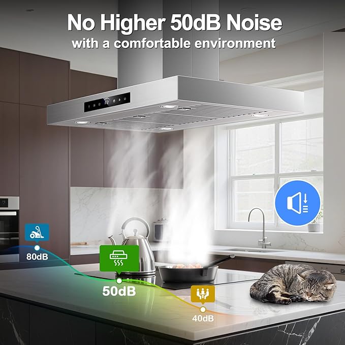 36 inch Island Range Hood Ceiling Mount 1200 CFM with 4-Speed Gesture Sensing & Touch Control, Ducted/Ductless Stainless Steel Kitchen Stove Vent Hoods with 4 LED Lights, Timer,Dishwasher-Safe Filters
