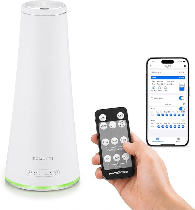 Waterless Essential Oil Diffuser for Home & Commercial Spaces, Smart App & Remote Control Cold-Air Nebulizing Diffuser, 160ml, Covers up to 1,500 sq ft, 8/12/24H Timer, Quiet 38dB