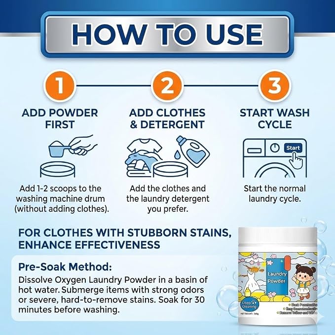17.6 Oz Oxygen Laundry Powder,Hyper Concentrated Strong Stain Remover Powder,Suitable for Color Protection of Clothing, and Capable of Removing Stubborn Stains Caused by Milk, Sweat, Oil, and Fruits