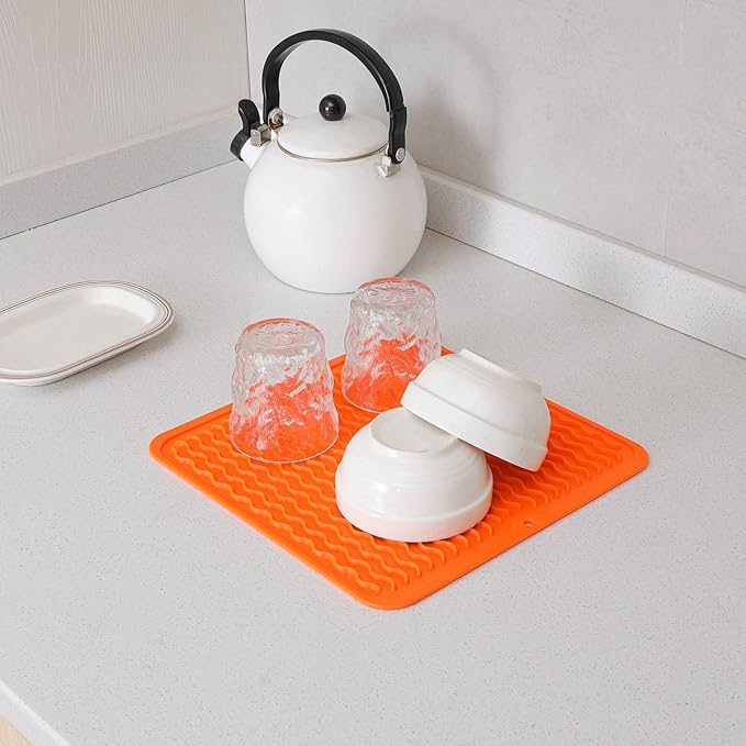 MicoYang Silicone Dish Drying Mat for Multiple Usage,Easy clean,Eco-friendly,Heat-resistant Silicone Mat for Kitchen Counter or Sink,Refrigerator or Drawer liner Orange M 12 inches x 12 inches
