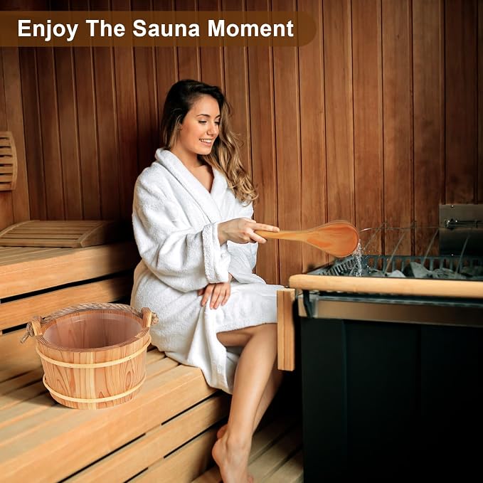 6L Wooden Sauna Bucket and Ladle Set, Handmade Cedar Sauna Bucket with Rope Handle,Natural Cedar