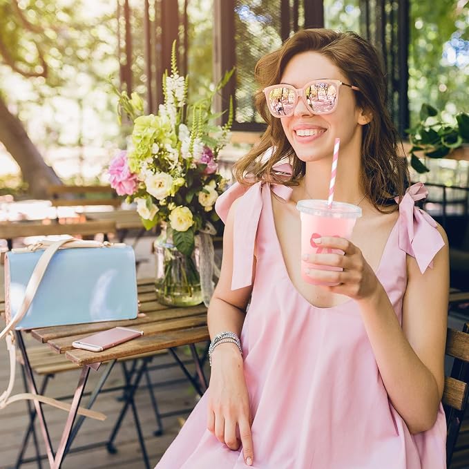 Whaline 50 Pcs Pink Bow Disposable Plastic Cups with Lids and Straws 12 Oz Lovely Bowknot Cold Beverage Drinking Cups for Wedding Birthday Bridal Baby Shower Party Supplies