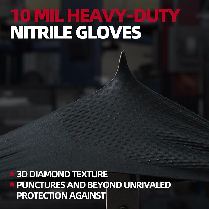 Jointown Upgraded 10 Mil Heavy Duty Nitrile Gloves, Mechanic Gloves Nitrile Disposable, with Raised Diamond Texture, Case of 100, Black, Large