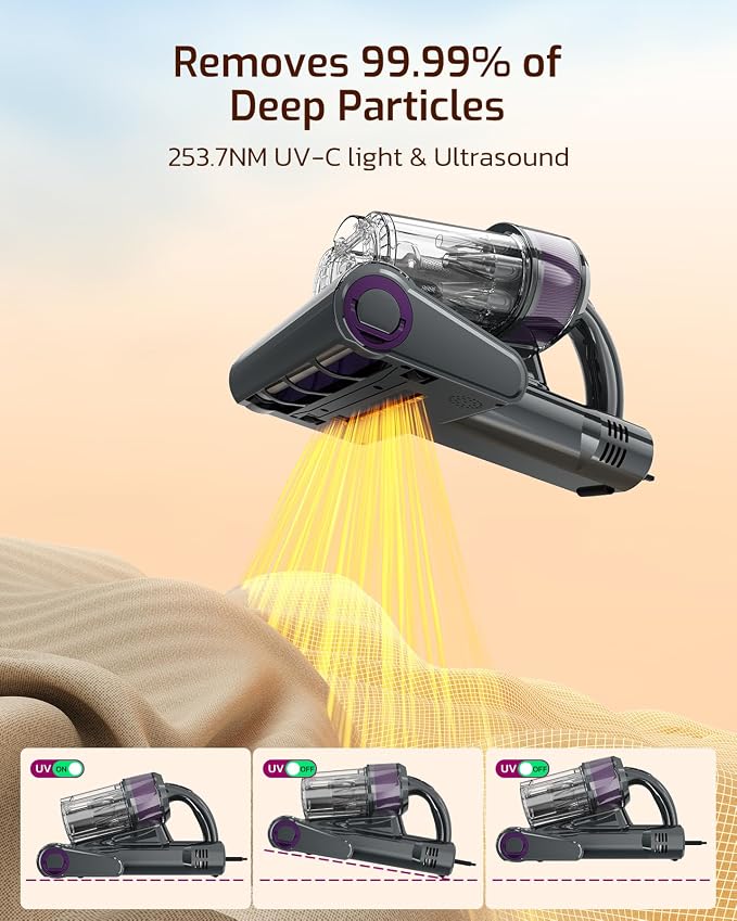Simple Deluxe Mattress Vacuum Cleaner, 350W Bed Vacuum Cleaner with 18Kpa Powerful Suction and Triple Dust Bin, 253.7nm UV-C Light, HEPA Filter & Ultrasoni, 149℉ Heat, Handheld for Bed, Sofa, Corded