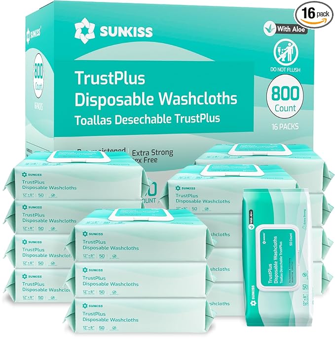 SUNKISS Trustplus Wet Wipes for Adult No Rinse, Extra Large 8”x12” Body Cleaning Washcloths for Elderly Incontinence & Cleansing, Unscented, 800 Count (16 Packs of 50)