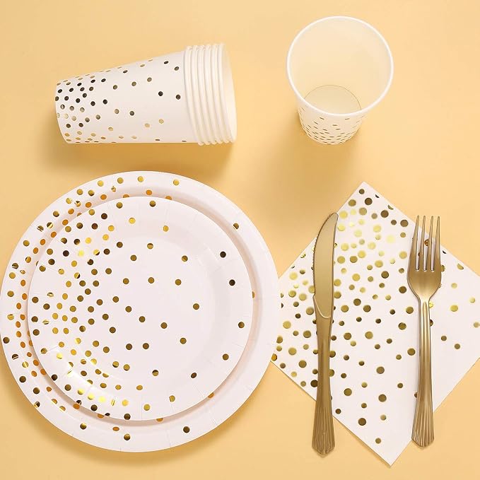 White and Gold Party Supplies 145PCS Disposable Party Dinnerware Paper Plates, Napkins, Knives, Forks, Cups, Banner, for New Year Eve 2026, Bridal Shower, Wedding, Birthday, Serves 24