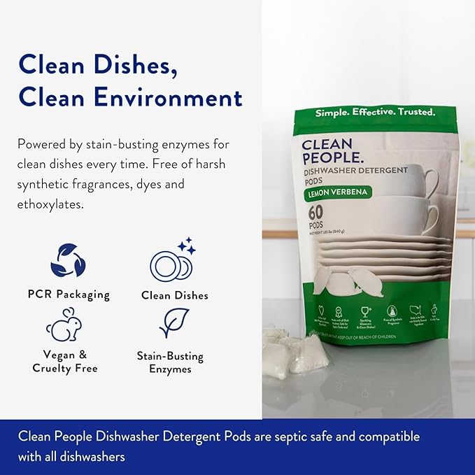 The Clean People Dishwasher Pods - Cuts Grease & Rinses Sparkling Clean - Residue-Free - Phosphate Free Dishwashing Pods (120 Count, Lemon Verbena)