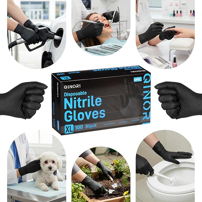 Black 6 Mil Nitrile Gloves HEAVY DUTY Disposable Chemical Resistant Latex & Powder Free,Food, Mechanic,Cleaning Gloves