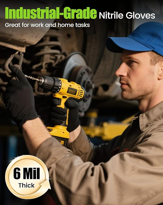 TREEGO 6 Mil Black Nitrile Gloves Medium – Heavy Duty Disposable Latex & Powder Free, Chemical Resistant, Textured Grip for Automotive, Industrial, and Cleaning – 100 Count