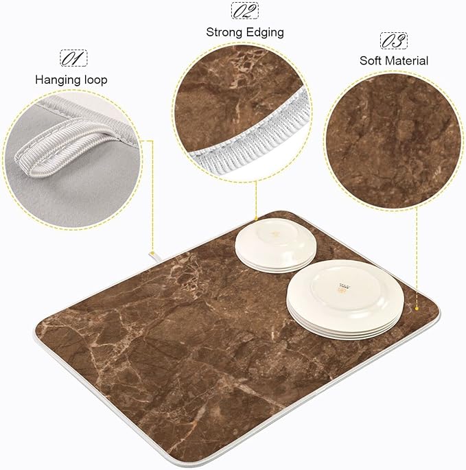 Brown Marble Texture Microfiber Dish Drying Mat Absorbent Dish Draining Mat Large Size 18 x 24 Dishes Drainer Mat for Countertop Dish Drying Pads