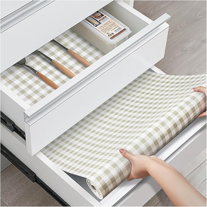 Drawer and Shelf Liner, Non-Slip Kitchen Cabinet Liners Non-Adhesive Thick Strong Grip Waterproof Washable Mats Protect Dresser Shelves Cupboard Bathroom Cabinets, Yellow Plaid, 12 in X 30 FT