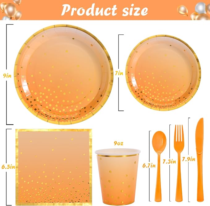 175PCS Orange Party Supplies, Fall Paper Plates and Napkins, Orange Paper Plates for Birthday, Fall Party Decorations, Thanksgiving Day, Serve 25 Guests