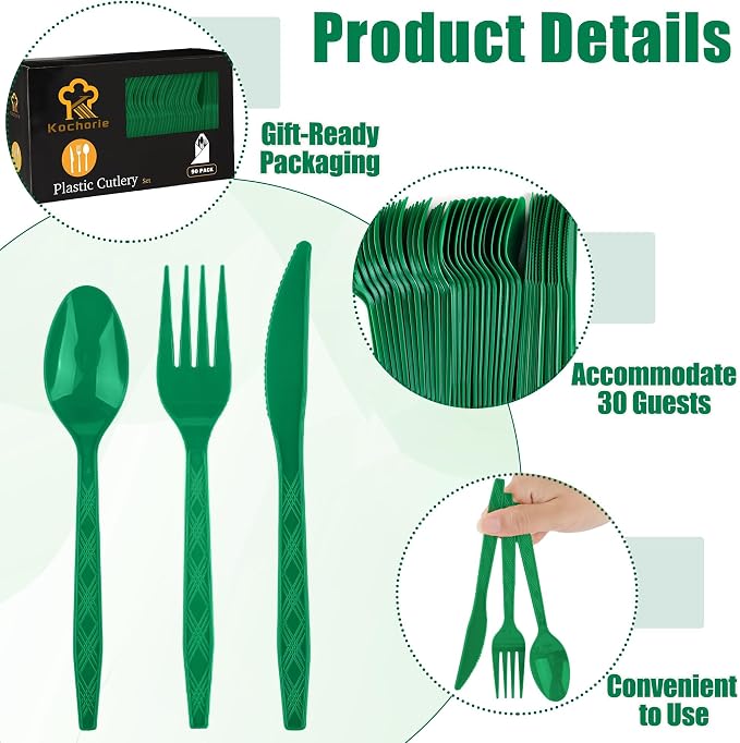Kochorie 90 Pieces Dark Green Plastic Cutlery Set Disposable Plastic Utensils Heavy Duty Flatware Set Includes 30 Knives 30 Forks 30 Spoons for Birthday Graduation Party, Picnic