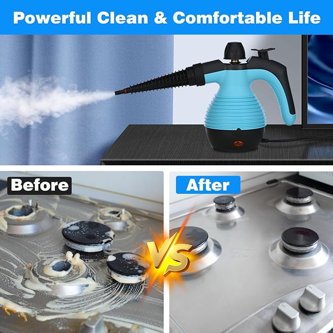 AORESAC Handheld Steam Cleaner, Multi-Purpose Steamer Pressurized Electric Steam Cleaner with Safety Lock and 9 Accessory Kit for Upholstery, Kitchen, Bathroom, Grout, Tile, and Floor Cleaning, Blue