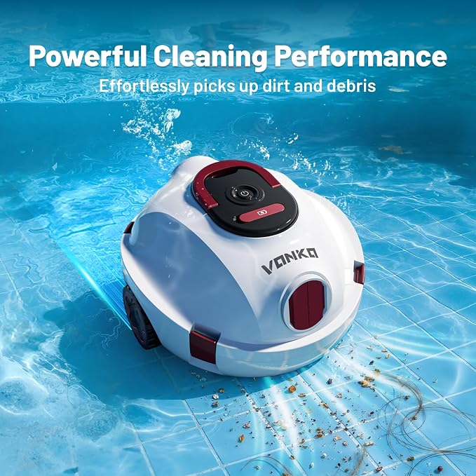 VONKO P10 Pool Vacuum for Above Ground Pool, Cordless Robotic Pool Cleaner and Above Ground Pool Vacuum, Automatic Pool Vacuum with 100-Min Runtime, Self-Parking,Cold White