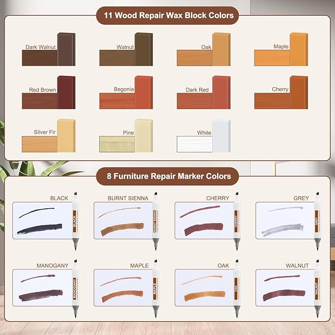 Vinyl Floor Repair Kit with Upgraded Heat Pen - 11 Colors Hardwood Wax 8 Colors Dual Tip Furniture Touch Up Markers, Laminate Flooring Scratch Repair Kit Covers Wooden Scratches, Cracks, Holes