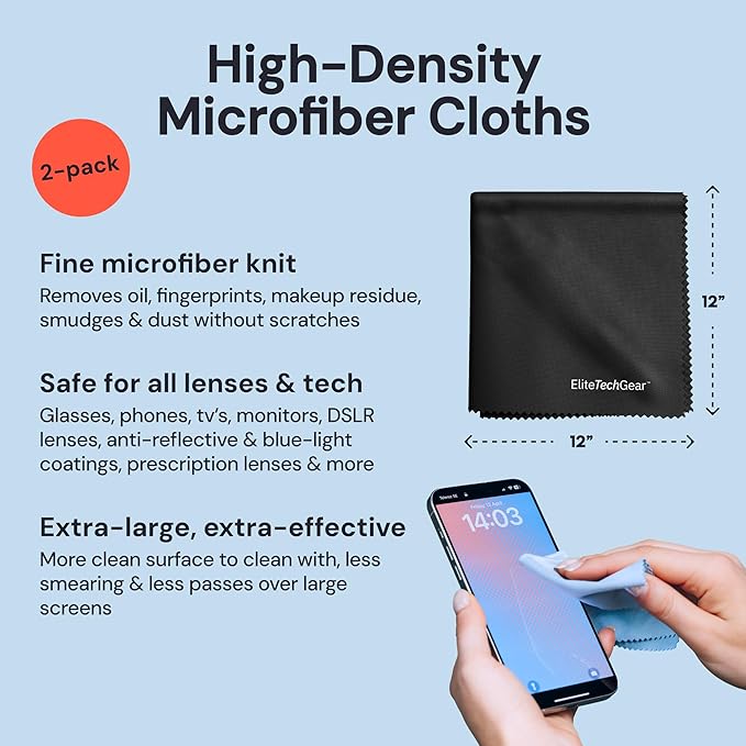 Elite Tech Gear Large Microfiber Cleaning Cloth Kit - 2-pc 12" x 12", Black Glasses Cleaning Cloth for TV Screens and Lenses - 3-pc Lens Cleaner Sprays