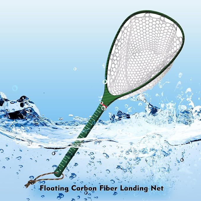 Riverruns Fly Fishing Landing Net Carbon Fiber Trout Net with Measurement Handle, Soft Rubber Mesh - 26" Standard (Wading) / 37" Long (Kayak)