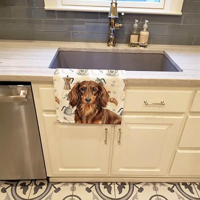 Caroline's Treasures Longhaired Chocolate and Tan Dachshund Coffee Bar Kitchen Towel Velour Plush Front and Cotton Loop Back Machine Washable