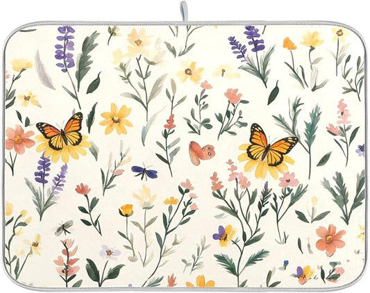 Watercolor Flowers Microfiber Dish Drying Mat Absorbent Dish Draining Mat Large Size 18 x 24 Dishes Drainer Mat for Countertop Dish Drying Pads